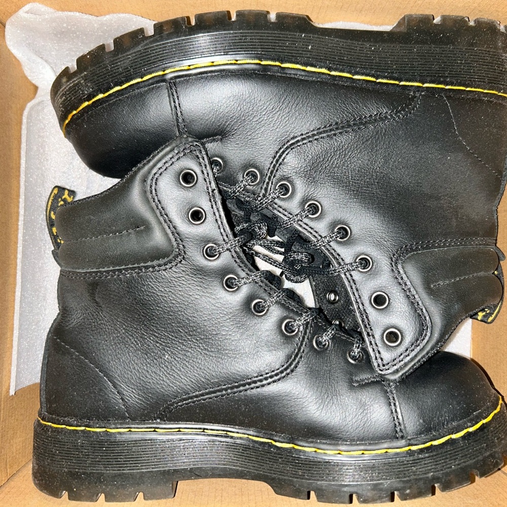 Dr. Martens Black Leather Boots with Yellow Stitching
